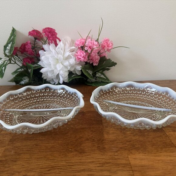 Pair of Anchor Hocking Moonstone Hobnail Divided Dishes Opalescent Depression - Picture 1 of 5
